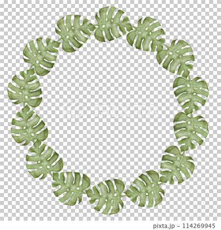 Round Frame with Monstera. Watercolor Wreath with green Palm leaves on isolated background. Circular border with exotic tropical plants for greeting cards or invitations. Illustration for icon or logo 114269945