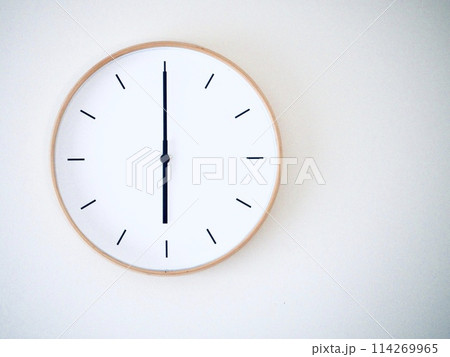 Isolated on white background Minimalist style wooden wall clock, showing time at 6.00 or 18.00 Isolated on white background Minimalist style wooden wall clock, showing time at 6.00 or 18.00 114269965