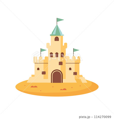 Sand castle with towers and fortress wall in flat style on a white background. Fairytale castle icon. Illustration of building construction on sand. Vector 114270099