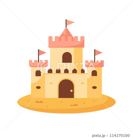 Sand castle with towers and fortress wall in flat style on a white background. Fairytale castle icon. Illustration of building construction on sand. Vector 114270100