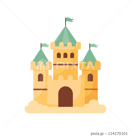 Sand castle with towers and fortress wall in flat style on a white background. Fairytale castle icon. Illustration of building construction on sand. Vector 114270101