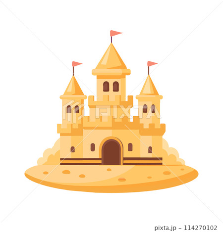 Sand castle with towers and fortress wall in flat style on a white background. Fairytale castle icon. Illustration of building construction on sand. Vector 114270102