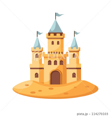 Sand castle with towers and fortress wall in flat style on a white background. Fairytale castle icon. Illustration of building construction on sand. Vector 114270103