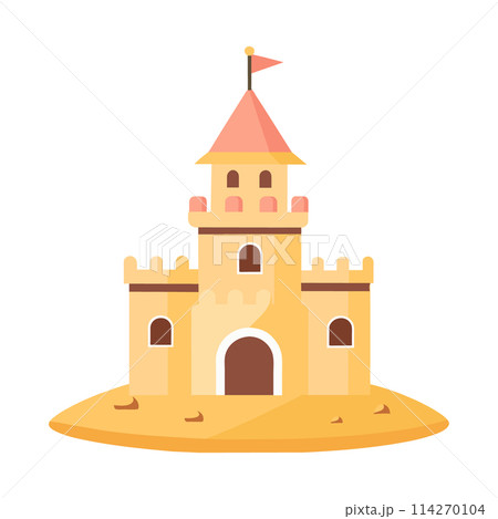 Sand castle with towers and fortress wall in flat style on a white background. Fairytale castle icon. Illustration of building construction on sand. Vector 114270104