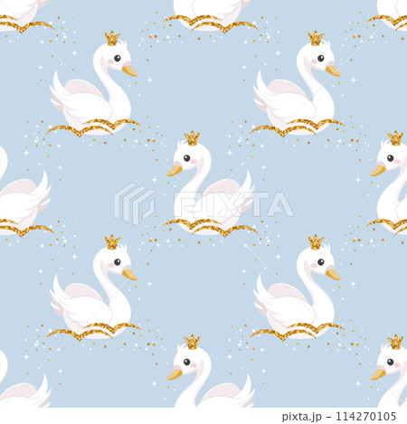Seamless pattern, little swan princess with a golden crown on a pastel background. Cute background for decorating a nursery bedroom. Vector 114270105