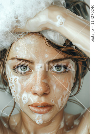 A woman is in a bathtub with foam on her face 114270246