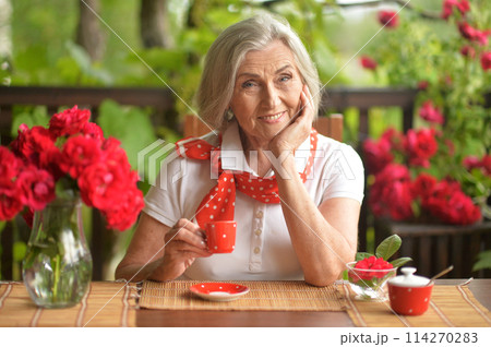 Beautiful happy aged woman drinking coffee and posing 114270283