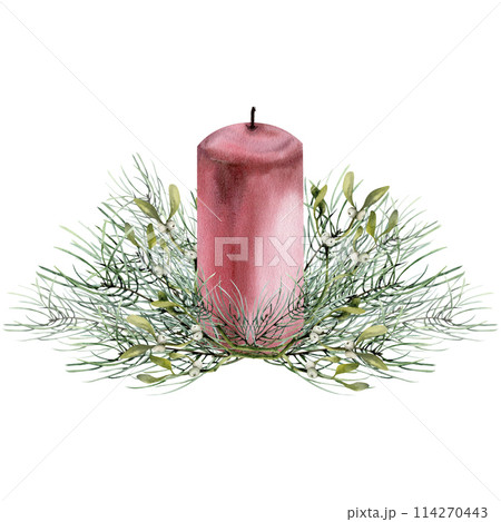 Christmas evergreen pine branches with red candle composition. Hand drawn new year arrangement, traditional winter decor for greeting card, gift, packing. Omela, pine tree, floral for invitation 114270443