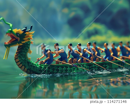 Dragon boat racing for Duanwu festival with a group of paddlers in the river. Dragon boat racing for Duanwu festival with a group of paddlers in the river. 114271146