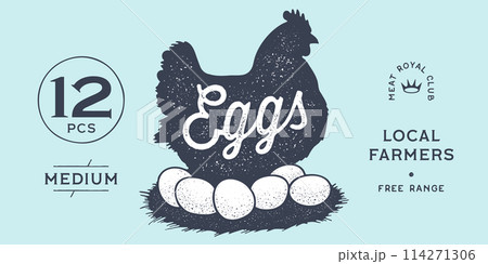 Chicken, hen with nest, eggs. Label, tag, chicken nest, eggs sketch ink pencil style drawing, engrave old school style. Sketch artwork silhouette chicken with nest, eggs. Vector Illustration 114271306