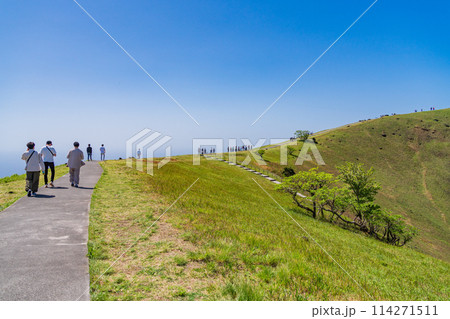 (静岡県)新緑の大室山・山頂遊歩道を歩く人達 (静岡県)新緑の大室山・山頂遊歩道を歩く人達 114271511