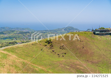 (静岡県)新緑の大室山・山頂遊歩道を歩く人達 (静岡県)新緑の大室山・山頂遊歩道を歩く人達 114271525