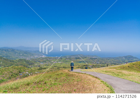 （静岡県）新緑の大室山・山頂遊歩道を歩く人達 114271526
