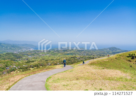 （静岡県）新緑の大室山・山頂遊歩道を歩く人達 114271527
