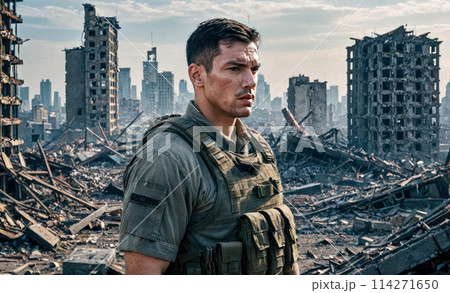 Soldier in battle gear amidst city ruins, testament to war destructive power, buildings crumbled, skyline altered, symbol of resilience in face of conflict Soldier in battle gear amidst city ruins, testament to war destructive power, buildings crumbled, skyline altered, symbol of resilience in face of conflict 114271650