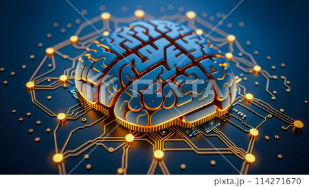 Digital Mind. Brain Artificial Intelligence Concept. High-Tech Circuit Board CPU Processor Microchip Starting Artificial Intelligence Visualization of Neural Networking 114271670