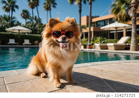 A German Pomeranian in sunglasses is relaxing on the beach by the sea and by the pool at the hotel. Traveling with a dog, stress for a pet, escape from the heat. AI generated 114271725