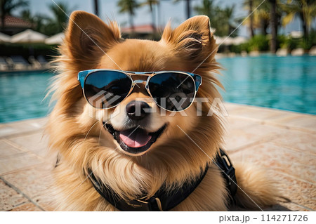 A German Pomeranian in sunglasses is relaxing on the beach by the sea and by the pool at the hotel. Traveling with a dog, stress for a pet, escape from the heat. AI generated 114271726