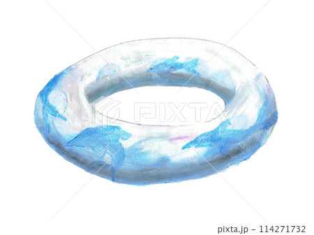 オイルパステルで描いた水色の浮き輪のイラスト 114271732