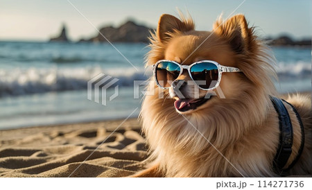 A German Pomeranian in sunglasses is relaxing on the beach by the sea and by the pool at the hotel. Traveling with a dog, stress for a pet, escape from the heat. AI generated 114271736