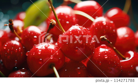 Fresh red cherries close up with water droplets, vibrant, glossy background Fresh red cherries close up with water droplets, vibrant, glossy background 114271788