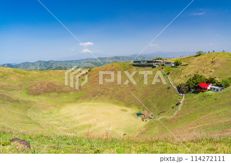 (静岡県)新緑の大室山・山頂の景観と後方に富士山 (静岡県)新緑の大室山・山頂の景観と後方に富士山 114272111