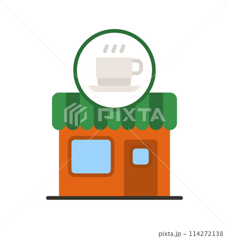 Cafe, coffee shop building icon. Signboard with big hot cup of coffee. 114272138