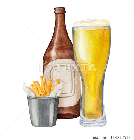 Hand-drawn watercolor illustration shaped glass with beer, empty bottle and bucket with fries. Hand-drawn watercolor illustration shaped glass with beer, empty bottle and bucket with fries. 114272518