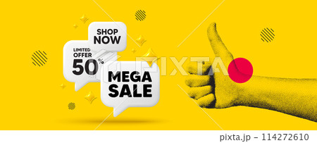 Hand showing thumbs up gesture. Concept of sale discounts offer with 3d chat speech bubble. Design for banner, flyer, poster or yellow brochure. Like hand in dotted grain style. Vector illustration 114272610