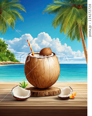 Juicy coconut halves Illustration on a tropical beach against the background of the sea - cocktail, refreshing coconut milk. AI generated Juicy coconut halves Illustration on a tropical beach against the background of the sea - cocktail, refreshing coconut milk. AI generated 114272728