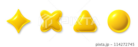 Set of yellow different 3d shapes. Stars, triangle, circle glossy elements. Realistic 3d design cartoon style. Abstract objects for 3d design elements. Yellow golden star. Vector illustration Set of yellow different 3d shapes. Stars, triangle, circle glossy elements. Realistic 3d design cartoon style. Abstract objects for 3d design elements. Yellow golden star. Vector illustration 114272745
