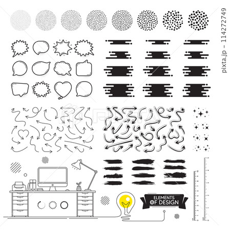 Set of geometric shapes. Trendy graphic elements for design. Arrows, stars and retro speech bubbles. Minimal style design. Abstract geometric elements and lines. Inch ruler. Vector illustration Set of geometric shapes. Trendy graphic elements for design. Arrows, stars and retro speech bubbles. Minimal style design. Abstract geometric elements and lines. Inch ruler. Vector illustration 114272749