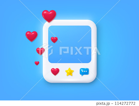 Social media photo 3d frame with heart, like, message. Clean empty photo post template. Frame photo banner with chat speech bubble. Social media post 3d frame with hearts. Vector illustration Social media photo 3d frame with heart, like, message. Clean empty photo post template. Frame photo banner with chat speech bubble. Social media post 3d frame with hearts. Vector illustration 114272772