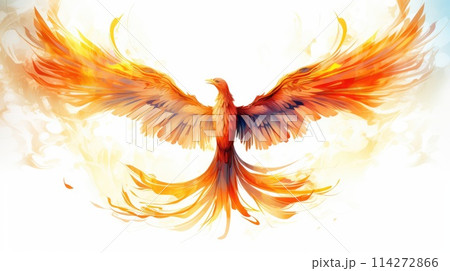 Solar phoenix watercolor illustration - Generative AI. Solar, phoenix, fire, wings. 114272866