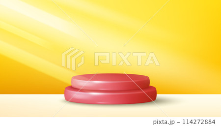 Realistic 3d cylinder pedestal podium with pastel yellow background. Abstract geometric platform. Product display presentation stand. Minimal scene stage podium. Vector illustration Realistic 3d cylinder pedestal podium with pastel yellow background. Abstract geometric platform. Product display presentation stand. Minimal scene stage podium. Vector illustration 114272884