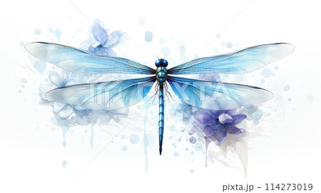 Cerulean Dragonfly watercolor illustration - Generative AI. Blue, dragonfly, wings, flowers. 114273019