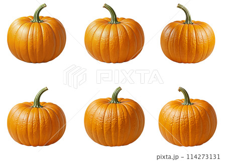 Pumpkinset collection. Photo realistic fresh orange ripe pumpkin, isolated on white background. Vegetarian food. Vegetable theme design elements set. 114273131