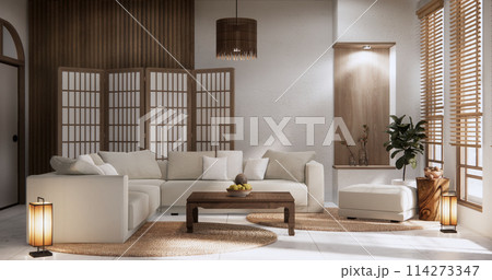 Living room modern minimal style with sofa armchair on tiles granite floor. 114273347
