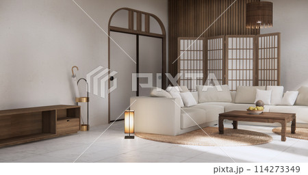 Living room modern minimal style with sofa armchair on tiles granite floor. 114273349