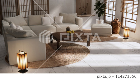 Living room modern minimal style with sofa armchair on tiles granite floor. Living room modern minimal style with sofa armchair on tiles granite floor. 114273356