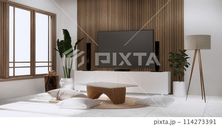 granite tiles floor and wood decoration wall wite low table in living room muji minimal. 114273391