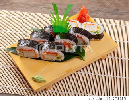 Japanese sushi  Roll made of Smoked fish 114273416