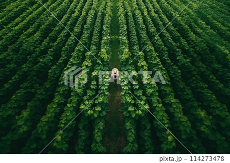 Overhead view of a dense vineyard with a solitary worker standing amidst the vast green rows. 114273478
