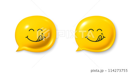 Yummy smile 3d emoticon with tongue lick mouth. Tasty food eating emoji face in 3d speech bubble. Delicious cartoon emotion with tongue. Smile face speech bubble design. Savory gourmet. Yummy vector Yummy smile 3d emoticon with tongue lick mouth. Tasty food eating emoji face in 3d speech bubble. Delicious cartoon emotion with tongue. Smile face speech bubble design. Savory gourmet. Yummy vector 114273755