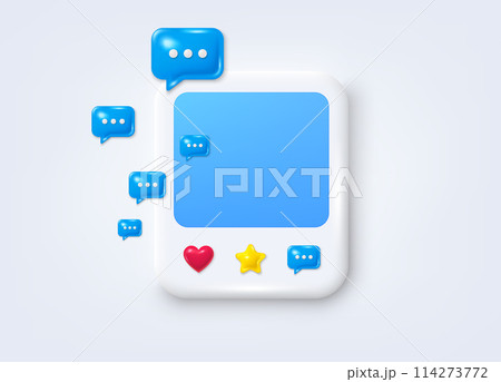 Social media photo 3d frame with heart, like, message. Clean empty photo post template. Frame photo banner with chat speech bubble. Social media post 3d frame with chat. Vector illustration Social media photo 3d frame with heart, like, message. Clean empty photo post template. Frame photo banner with chat speech bubble. Social media post 3d frame with chat. Vector illustration 114273772