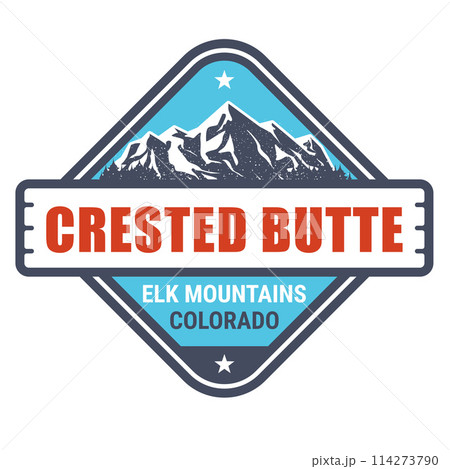 Crested Butte, Colorado - Elk Mountains resort stamp, emblem with snow covered rock, vector 114273790