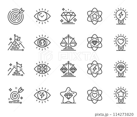 Mission, Vision, Values line icons. Business strategy, target goal and diamond set. Flag on mountain, electric power and scales with diamonds icons. Leadership mission values, strategy vision. Vector Mission, Vision, Values line icons. Business strategy, target goal and diamond set. Flag on mountain, electric power and scales with diamonds icons. Leadership mission values, strategy vision. Vector 114273820