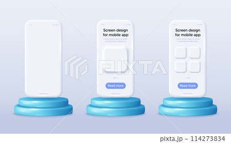 Phone screen mockups on the 3d podium stage. Cellphone templates with frames. Smart phone application 3d design with buttons. Mock up smartphone screen banners. Product presentation. Vector 114273834