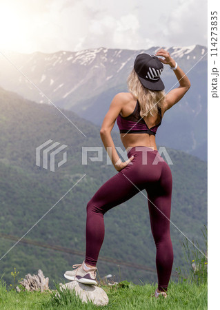 Exercising fitness woman doing exercises in nature. Fit female Asian Caucasian athlete sport model 114273835