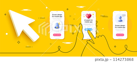 Phone screen banners with 3d click cursor. Continuous line hands hold smart phone template. Cellphone frame with alert bell, health and placeholder. Smartphone screen banners with buttons. Vector 114273868